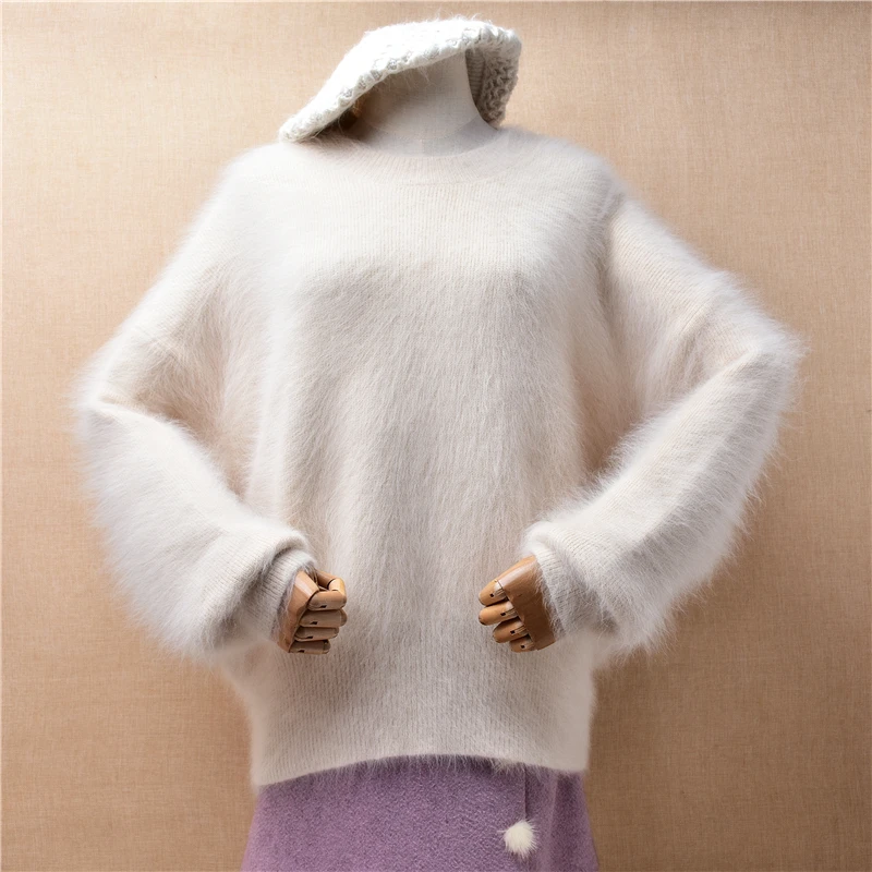 

04 Ladies Women Fall Winter Clothing Hairy Mink Cashmere Knitted Long Batwing Sleeves O-Neck Loose Pullover Jumper Sweater Pull