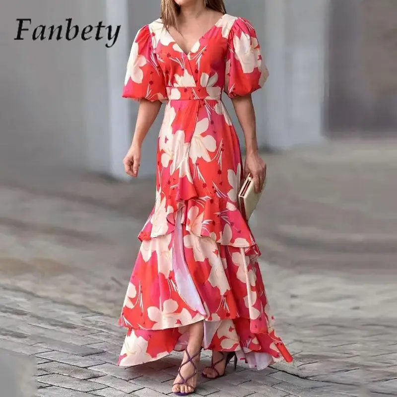 Women Elegant Pattern Print Party Maxi Dress 2023 Fashion V-Neck Boho Ruffle Dress Ladies Summer Casual Short Sleeve Long Dress