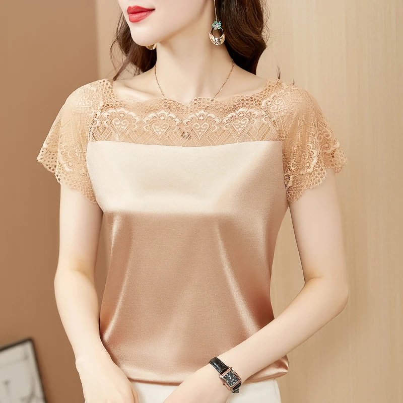 

Summer Lace Short Sleeve Blouse for Woman 2023 Fashion Satin Shirt Elegant Chic Silk Top Casual Loose Office Lady Blusas 26093
