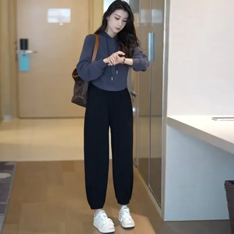 Casual Sports Suit Women's 2024 Autumn New Elegant Hooded Sweatshirt And Ninemore Harem Pants Age-Reducing 2-Piece Set