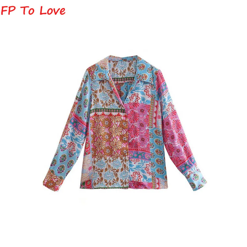 

FP TO LOVE Women's 2022 Summer French Retro Floral Lapel Shirt Summer Loose Long Sleeve Single Breasted Top