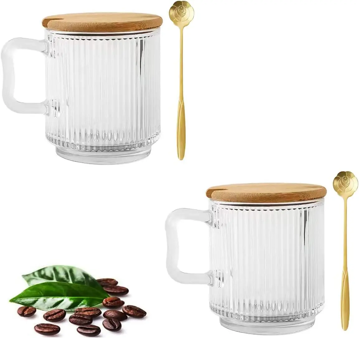 

Glass Coffee Mug with Bamboo Lid and Handle 12.5 Ounces Premium Classical Vertical Stripes Glass Tea Cup with spoon-2Packs