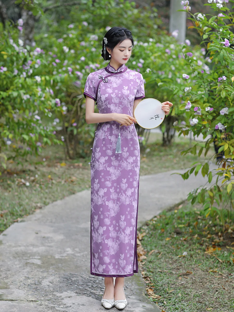 

New Violet Long China Dresses Double-layer Cheongsam Short Sleeve Lace 8 Button Long Qipao Silk Slim Chinese Dress