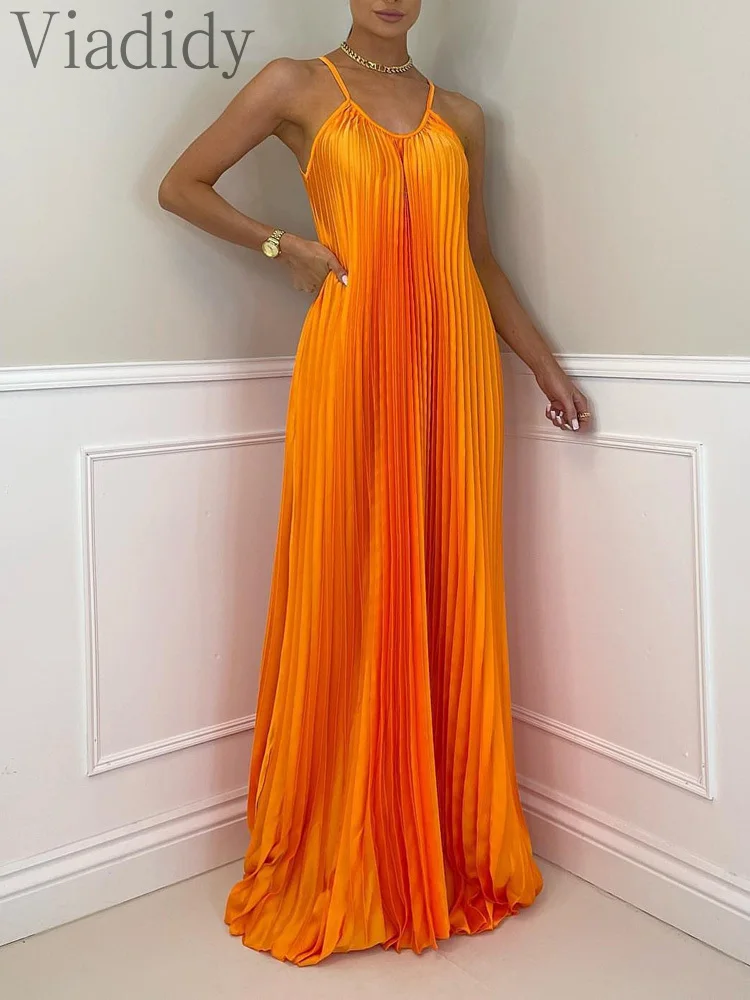 

Women Sexy Solid Color Spaghetti Strap Pleated Maxi Dress