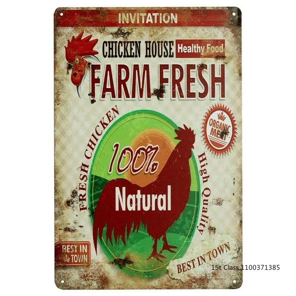 

Винтажное приглашение для курятника здоровая еда Ферма Свежий натуральный металл оловянный знак 8x12 дюймов ретро для Дома кухни открытый ры...
