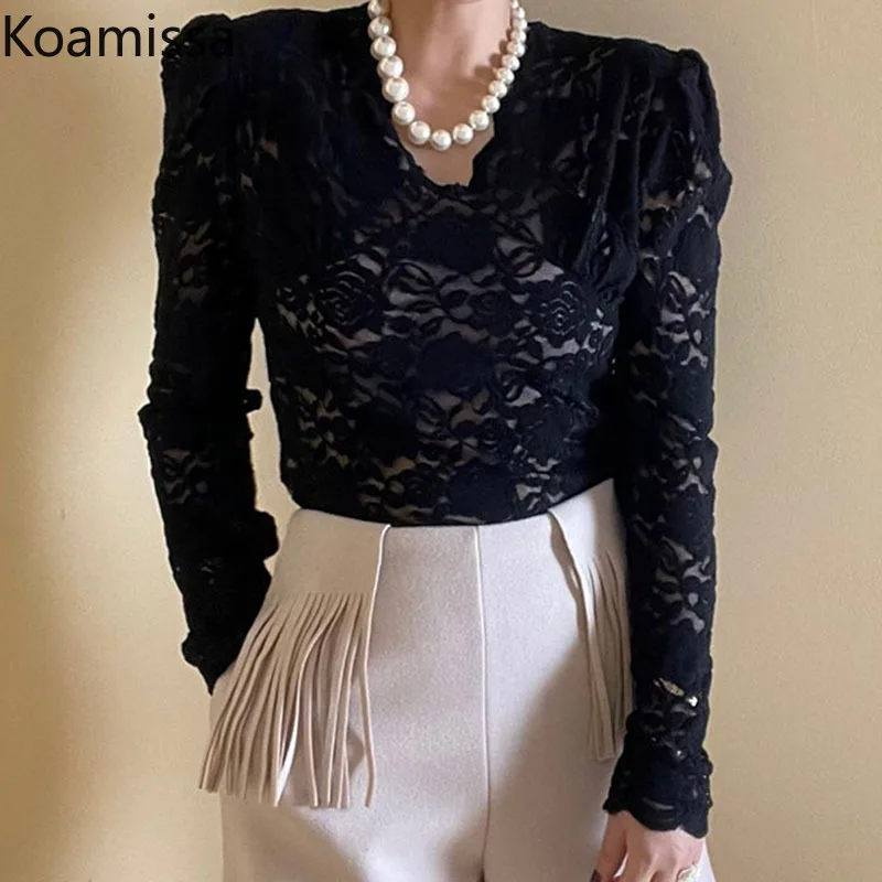 

Женская кружевная блузка Koamissa с длинными рукавами-фонариками и V-образным вырезом