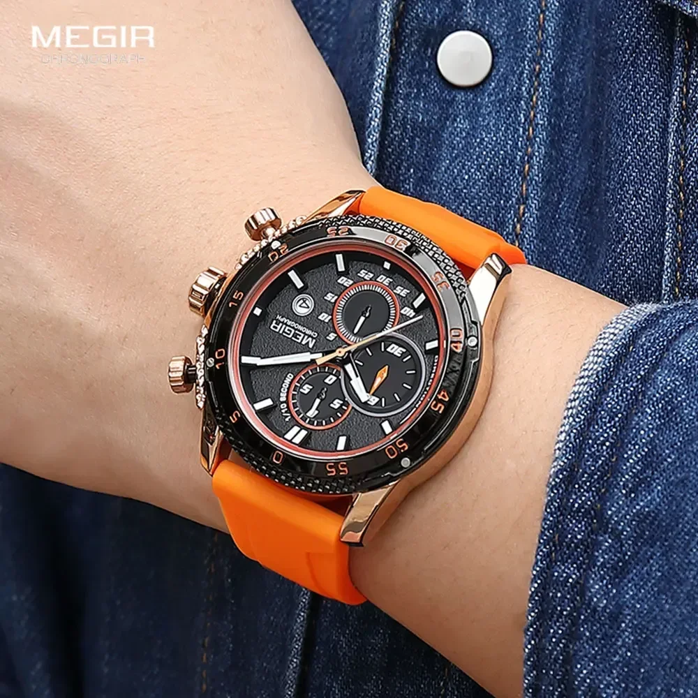 MEGIR оранжевые кварцевые часы мужские модные хронограф военные спортивные