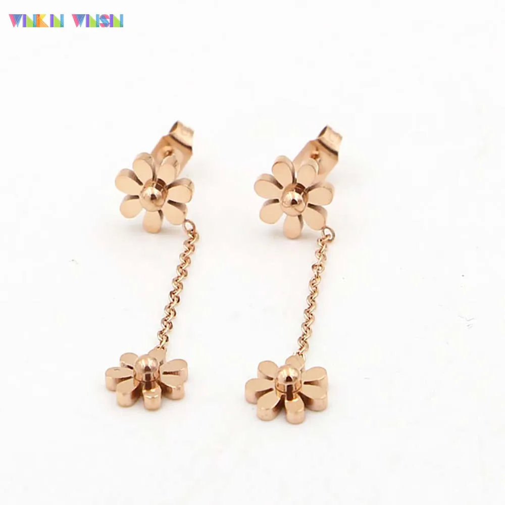 

WinkinWinsin Brand K Series Little Daisy Charm Stud Earring Rose Gold Plated Titanium Long Chain Women Drop Earrings