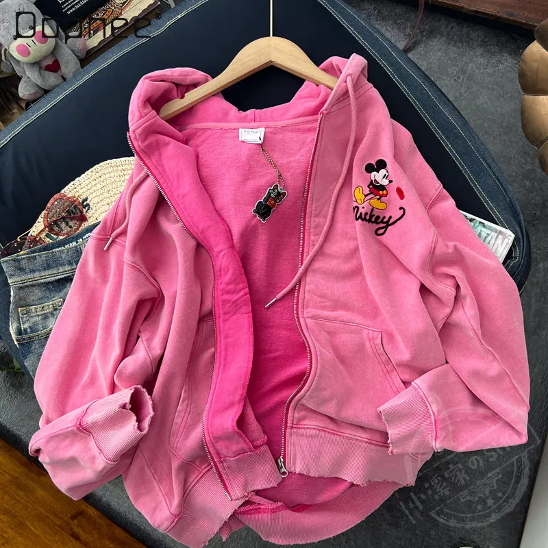 Spring 2023 New Coat Cartoon Embroidered Cotton Washed-out Vintage Hooded Cardigan Women's Long Sleeve Zipper Sweatshirt Jacket