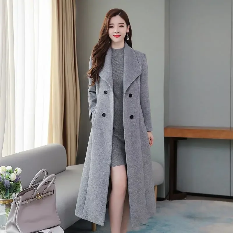 

Female Woolen Coat Spring Autumn Winter New Woolen Coat Women's Double Breasted Thickened Lapel Super Long Sim Waist Wool Coat
