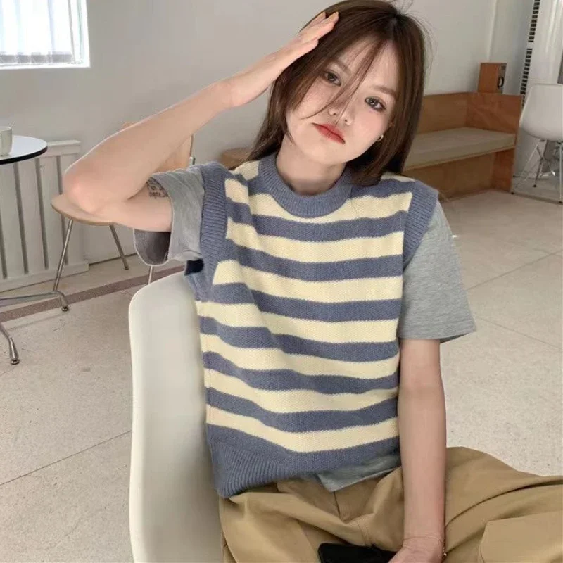 Sweater Vests Women Classic Striped Minimalist Panelled Basic Loose Korean Style Casual Students Autumn Knitwear Popular Design