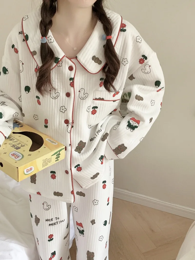 

Winter New Cartoon Thickened Warm Quilted Pajamas Women's Cute Casual Suit Long-sleeved Home Clothes For Outside Wear D687