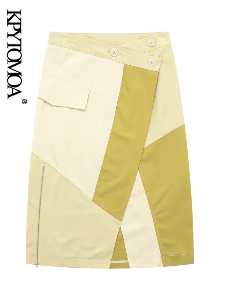 

KPYTOMOA Women Fashion Side Flap Patchwork Midi Skirt Vintage Mid Waist Crossover Button Female Skirts Mujer