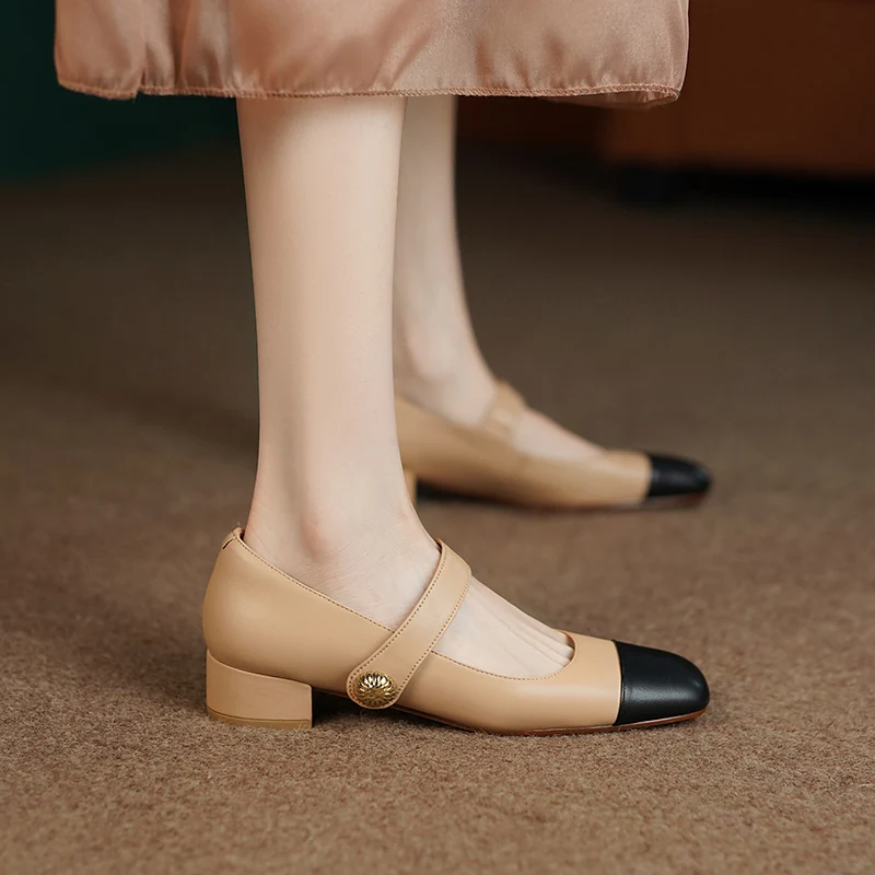 Spring cow leather women's shoes square toe stitching thin belt buckle metal decoration medium heel thick heel women's shoes