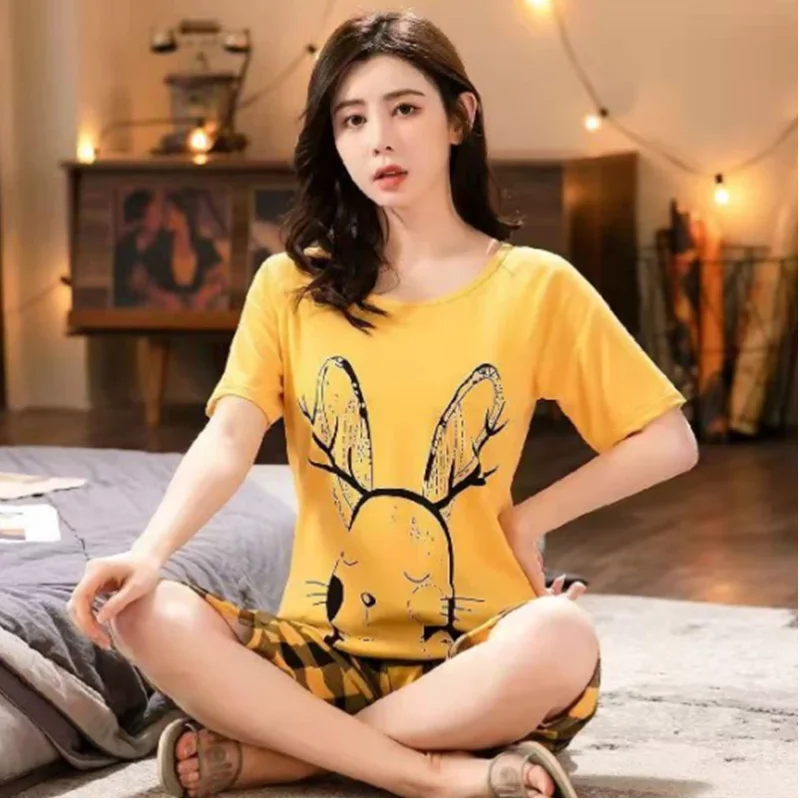 Summer Plaid Sleep Lounge Pajama Short-Sleeved Women's Set Cartoon Rabit Pyjamas Polyester Sleepwear 3XL 5XL Home Fashion
