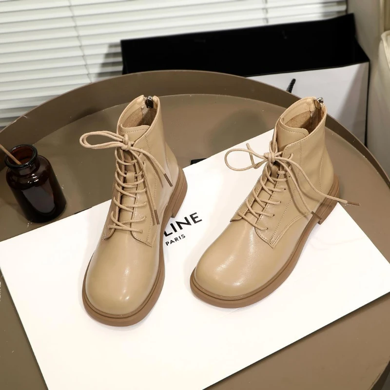 Martin Boots Women's English Style Autumn Gentle Apricot Short Boots Flat Toe Boots Lacing Square Toe Ankle Boots
