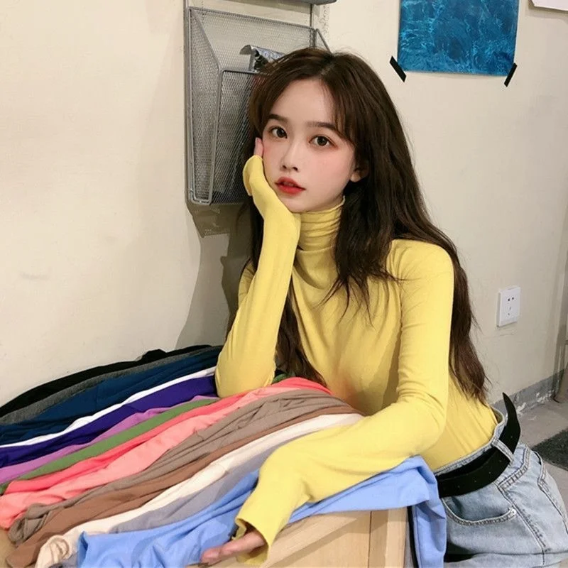 

High Collar Bottomed Shirt Women's Autumn And Winter New Korean Tight Slim Fit Thin Solid Color Long Sleeve Tops Blouse T-Shirt