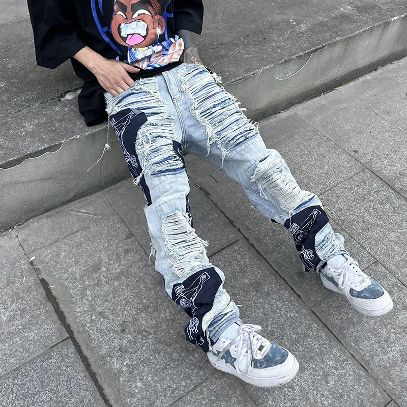 Jean Pants High Street Hole Fringe Embroidery Jeans Pants Mens Color Block Tassel Ripped Retri Denim Trousers Oversize Baggy
