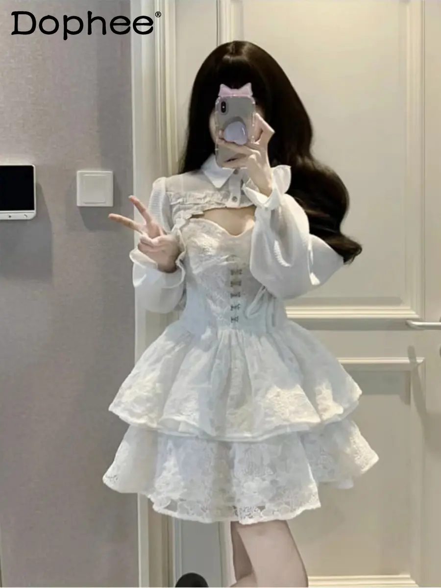 

Новинка весна-осень 2023, соблазнительное дизайнерское кружевное платье на бретельках для женщин, корейское милое платье в стиле "Лолита", кос...