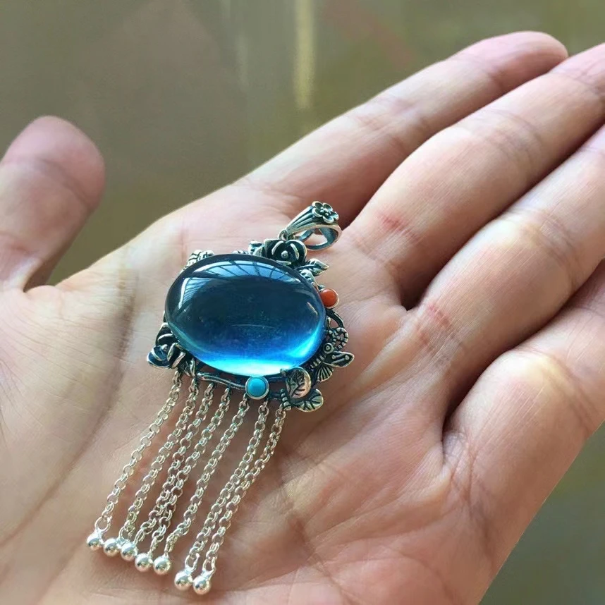 

Natural Blue Aquamarine Quartz Pendant Brazil Jewelry 925 Sterling Silver 31*29*15mm Blue Aquamarine Oval Necklace AAAAA