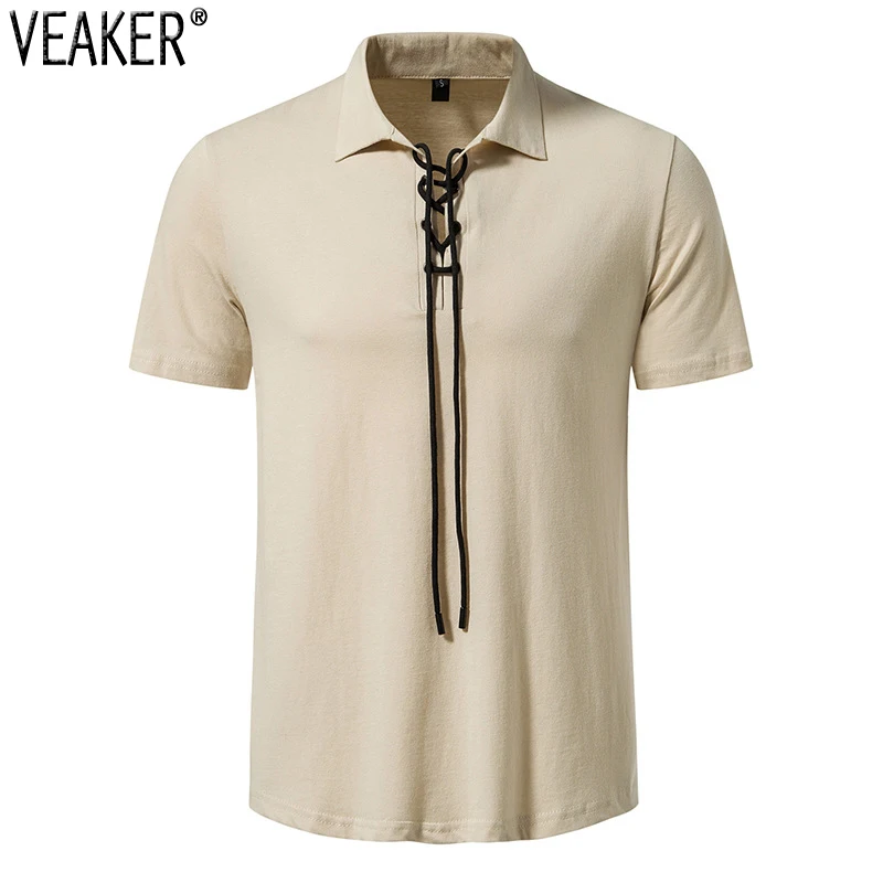 

Футболка мужская с V-образным вырезом, льняная Повседневная Однотонная рубашка из хлопка с короткими рукавами, лето 2023