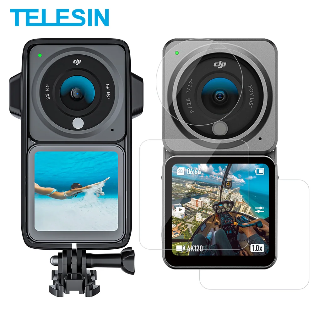 

TELESIN Frame Case 2 Set Screen Lens Tempered Glass for DJI Action 2 Camera Protective Cover Housing Mount With Cold Shoe Case