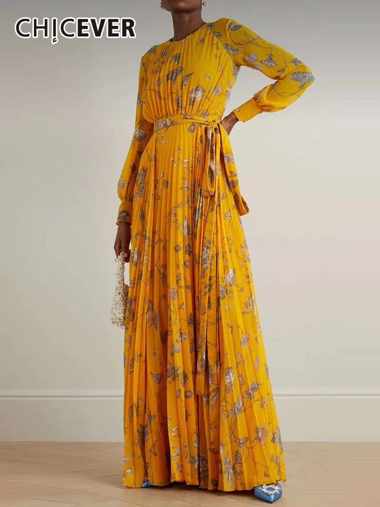 

Женское плиссированное платье CHICEVER, платье с круглым вырезом и длинным рукавом, с высокой талией, на шнуровке