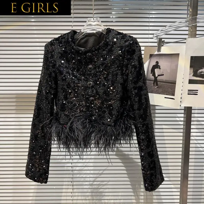 

J GIRLS 2022 Autumn Long Sleeve Round Neck Sequins Hook Flower Feathers Black Luxury High Quality Jacket Women Coat GG256