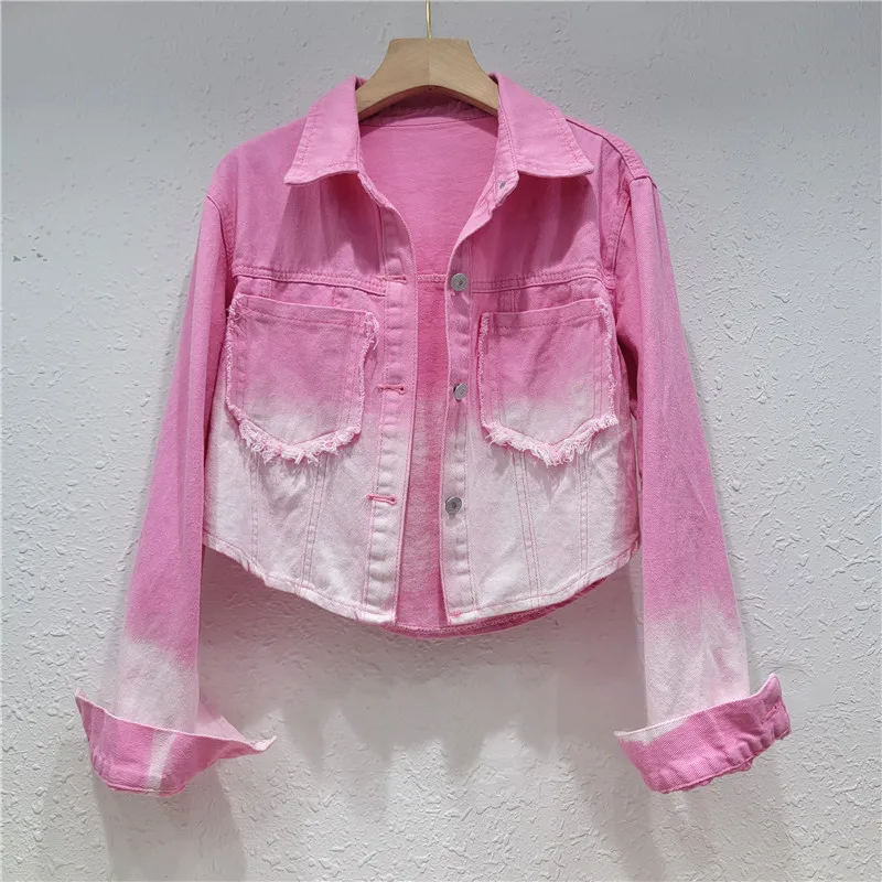 

Женская короткая джинсовая куртка, розовая приталенная джинсовая куртка с градиентом, потертостями, карманами, асимметричным подолом и лацканами, джинсовая куртка с длинным рукавом, пальто для весны и лета