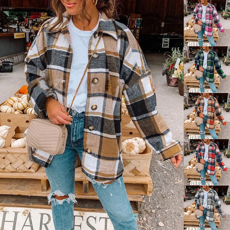 

New European and American Fashion Plaid Long-sleeved Cardigan Single-breasted Casual Woolen Coat Women's Dress In Spring