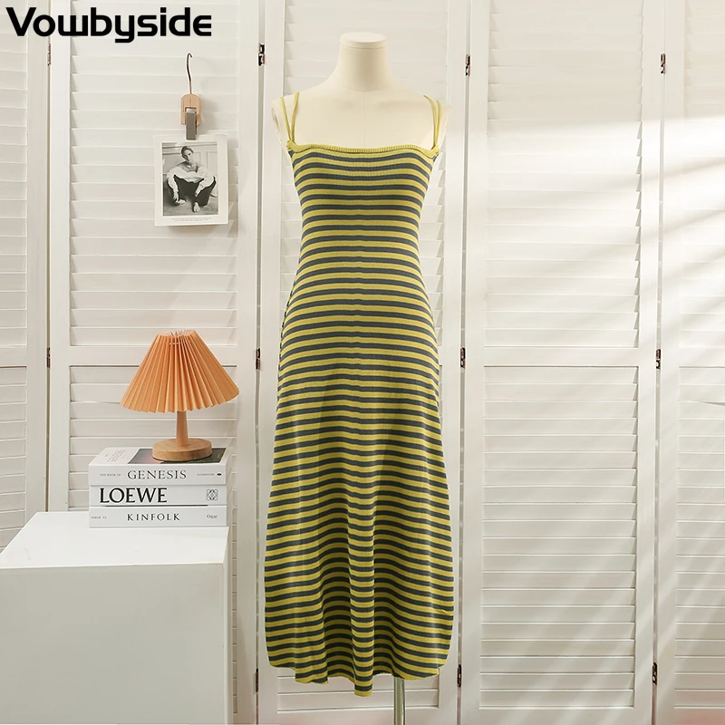 

Summer Women's Dresses Korean Style Striped Sleeveless Spaghetti Strap Slim Dress