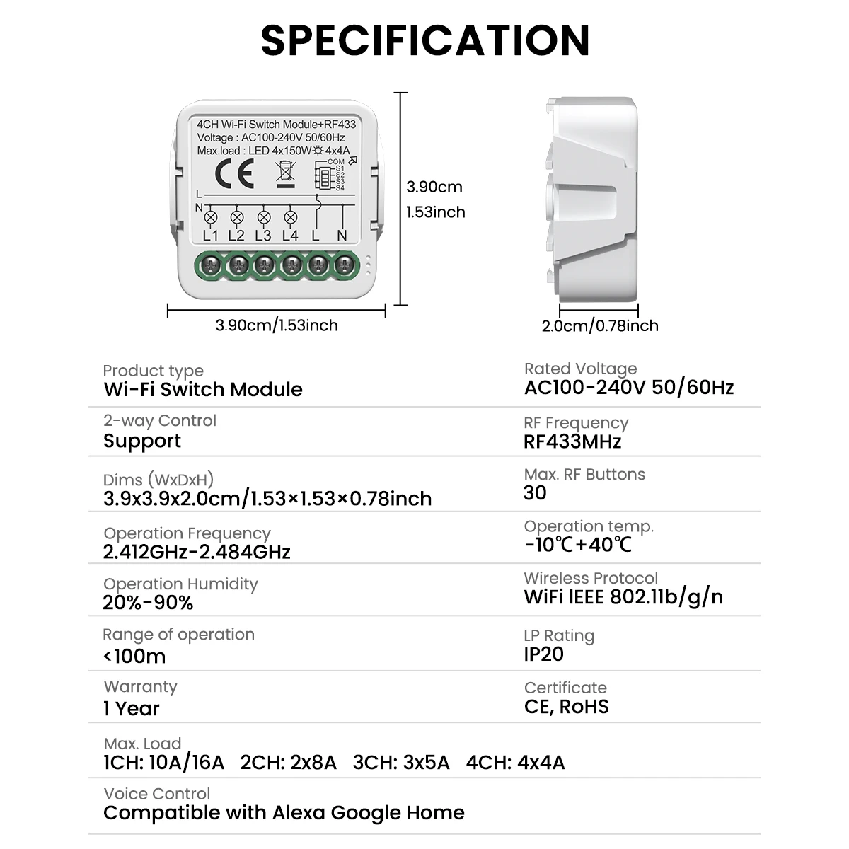 Модуль умного выключателя GIRIER Tuya WiFi RF433, требуется нейтральный провод, 1234 канала, поддержка двустороннего управления, работает с Alexa и Google Assistant (art.: 3920d7d03df8d) - 3920d7d03df8d
