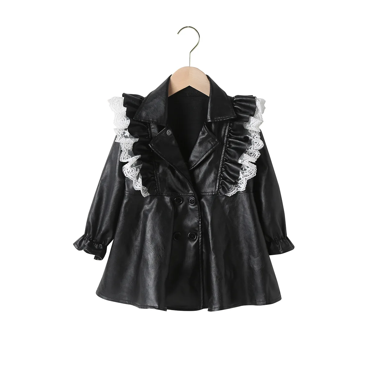 

Дизайнерская одежда для малышей 2023, Корейская куртка для девочек, однотонный блейзер из искусственной кожи с кружевным воротником и пышным...