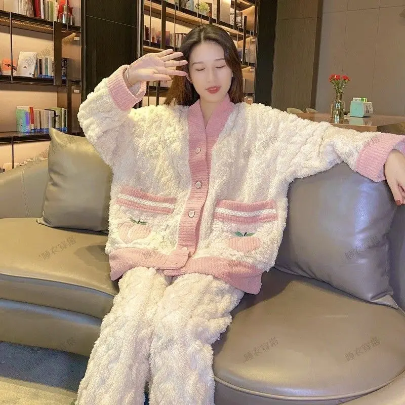 Small Fragrant Wind Pajamas Female Winter Sweet Lovely Thickened Facecloth Ladies Pajama Sets Night Gown Sleep Tops Robe Sets