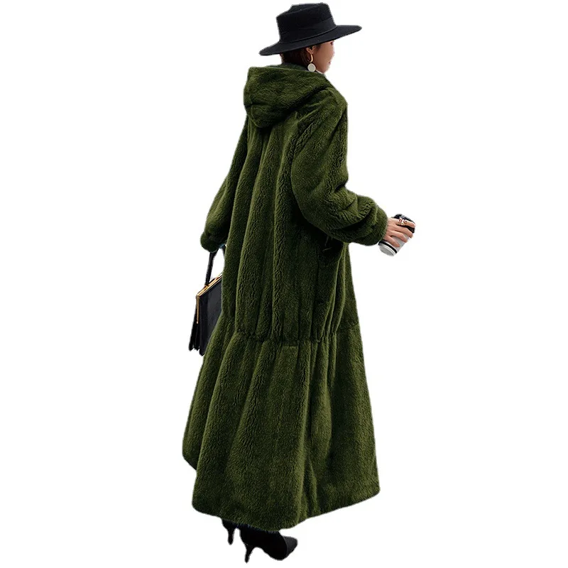 2022 winter new casual temperament European and American loose real rex rabbit fur coat women's hooded long coat trendy
