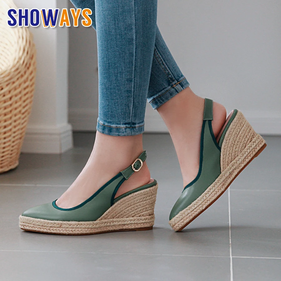 

Big Size Woman Espadrilles Wedge Sandals White Blue High Heel Office Party Summer Platform Pointed Toe Lady Fisherman Slingbacks