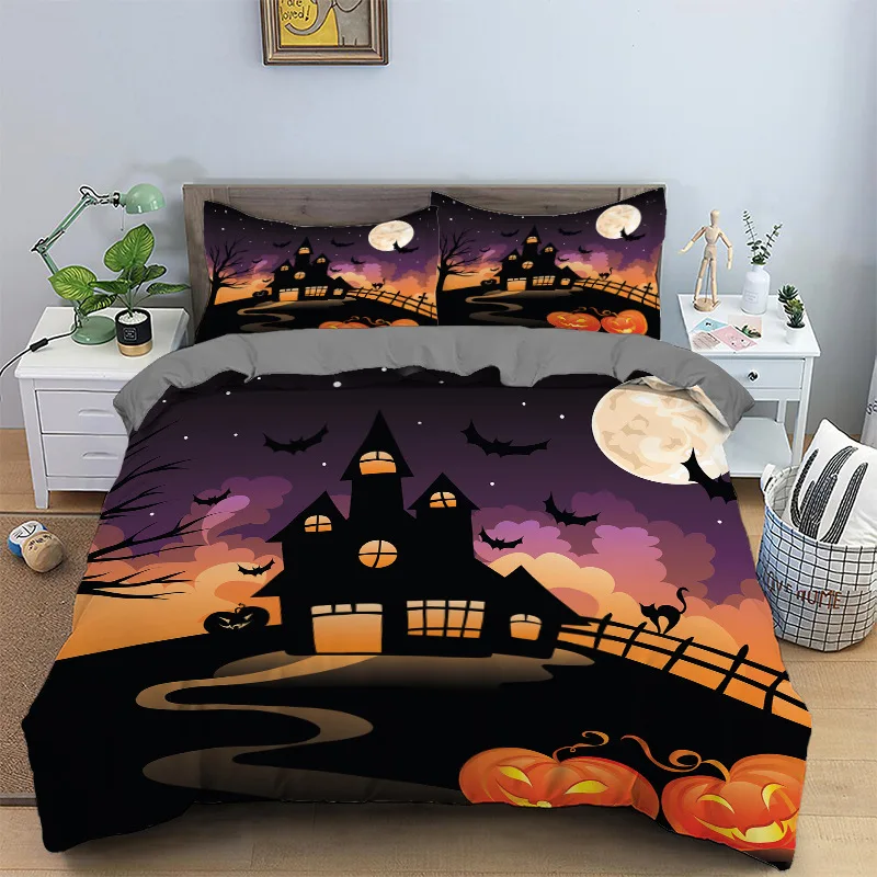 

2023 set of cross-border foreign trade European and American size bedding, witch pumpkin lantern quilt cover