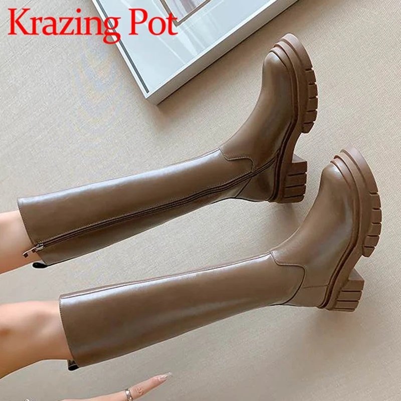 

Krazing Pot Full Grain Leather Round Toe Med Heels Riding Long Boots Thick Bottom Causal Kpop Style Ins Zipper Thigh High Boots
