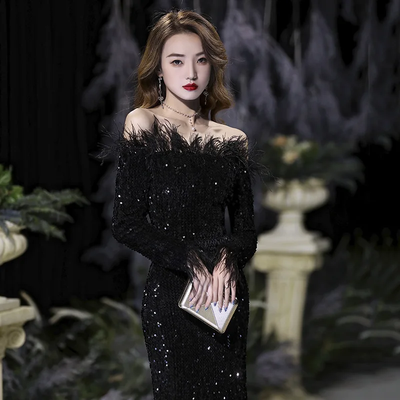 

Heavy Industry Luxury Women's 2022 New Annual Meeting Banquet Temperament Fishtail Feather Dress Host Black Evening Dress