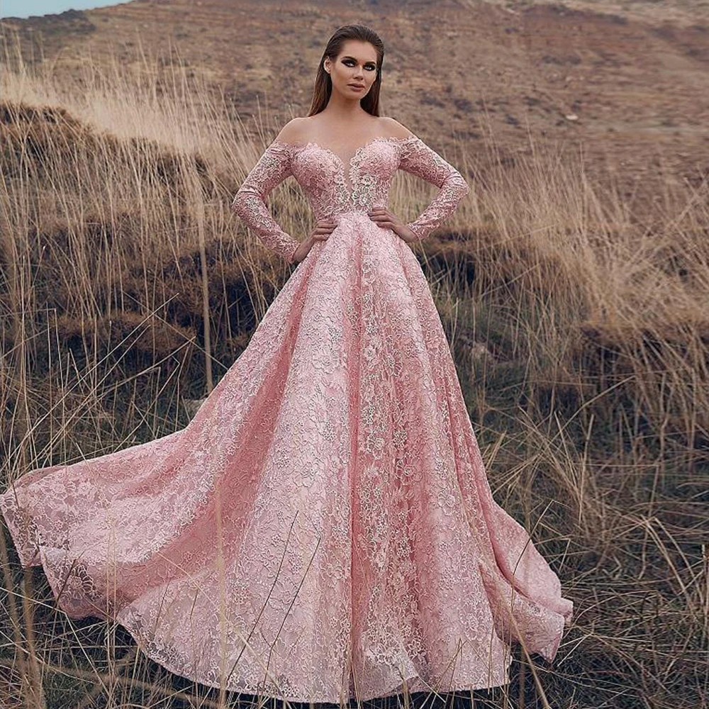 

Pink Women's Sexy V-Neck Evening Dresses Long Sleeve A-Line Lace Applique Prom Gowns Formal Party Fashion Celebrity Robe De فست