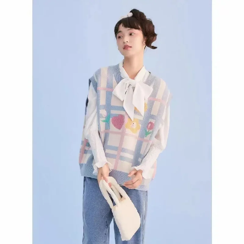 Kimotimo Kawaii вязаный жилет женский с v-образным вырезом вышивка цветок клетчатый