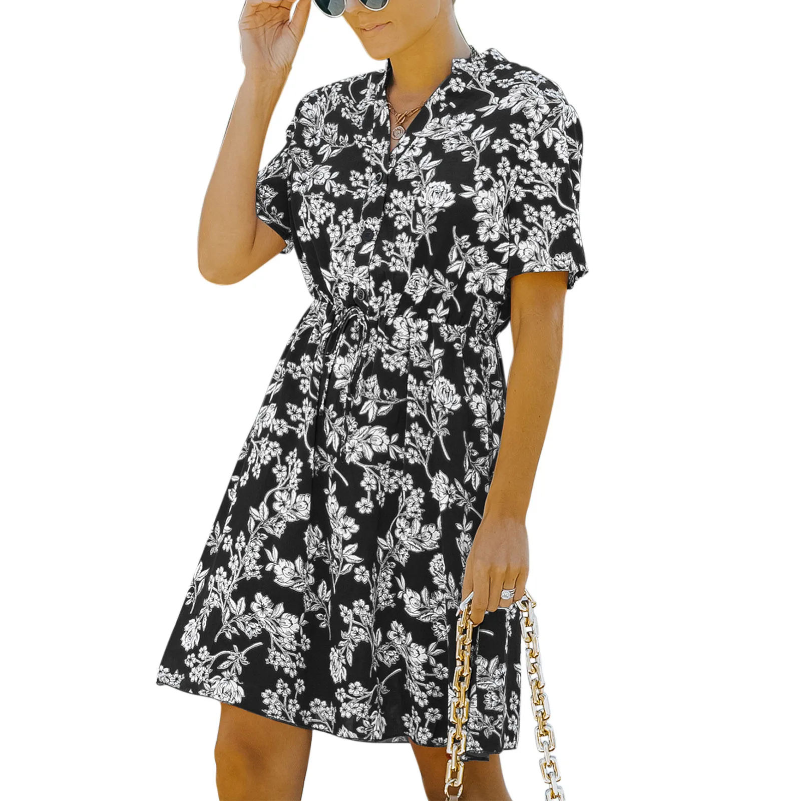 

Женское Повседневное платье на пуговицах, летнее ТРАПЕЦИЕВИДНОЕ короткое платье с V-образным вырезом, коротким рукавом и цветочным принтом ...
