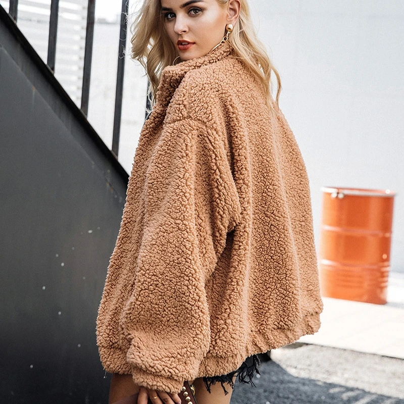 fur tops short women's high neck teddy bear coat, zipper loose h jacket, warm and strong clothing, imitation sheepskin coat,