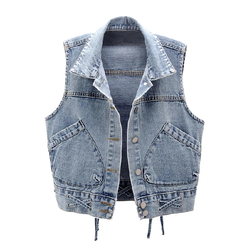 

Fashion Denim Vest Women Autumn Korean Fashion Sleeveless Jean Jacket Single Breasted Short Coat Causal Bandage Waistcoats
