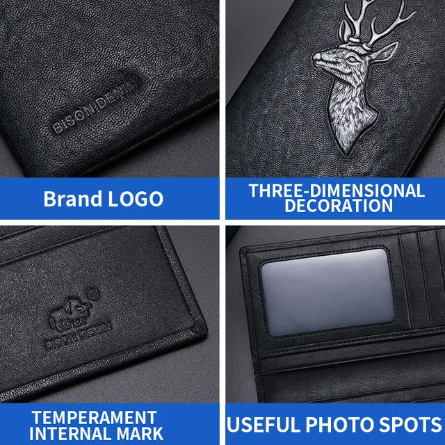 BISON DENIM fashion men wallets long slim bifold 3D printed credit card holder purse 2
