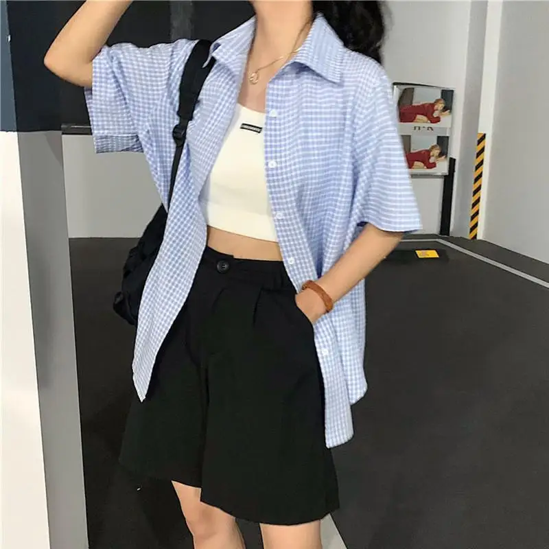 Рубашка в клетку с коротким рукавом японском стиле женская дизайнерская нишевая