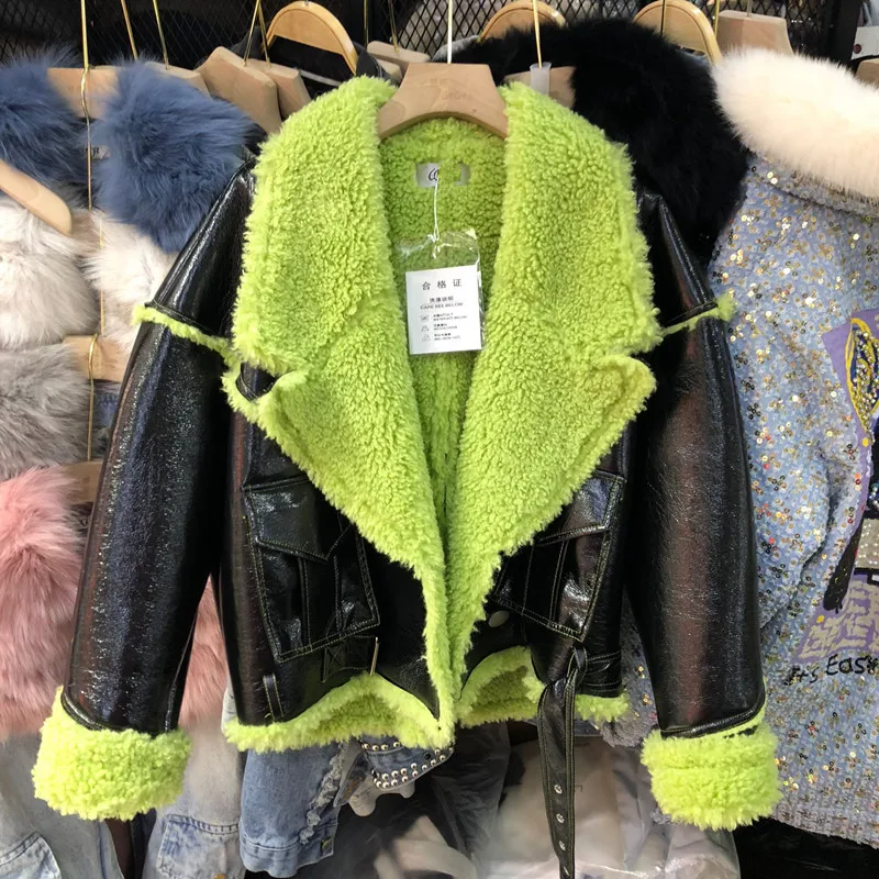 Parka Thick Women Coat Plush Splicing Faux PU Leather Biker Jacket Short Ladies Fashion 2021 Winter Loose Warm Outwear Female