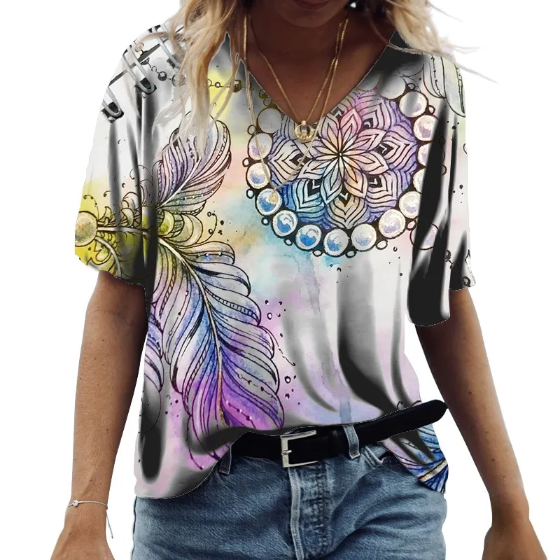 

Womens Tops Summer 2022 New Cotton T Shirt Female Short-Sleeve Flowers Printed Pullovers Retro Fashion Casual Pullover