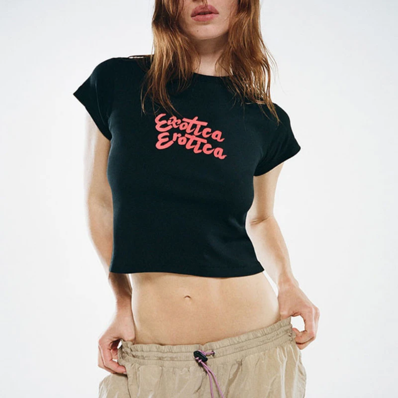 

European and American Letter Print O-Neck Short T-shirt 2023 New Women's Rib Elastic Slim Fit Short Sleeve Tee Y2k Tops Goth