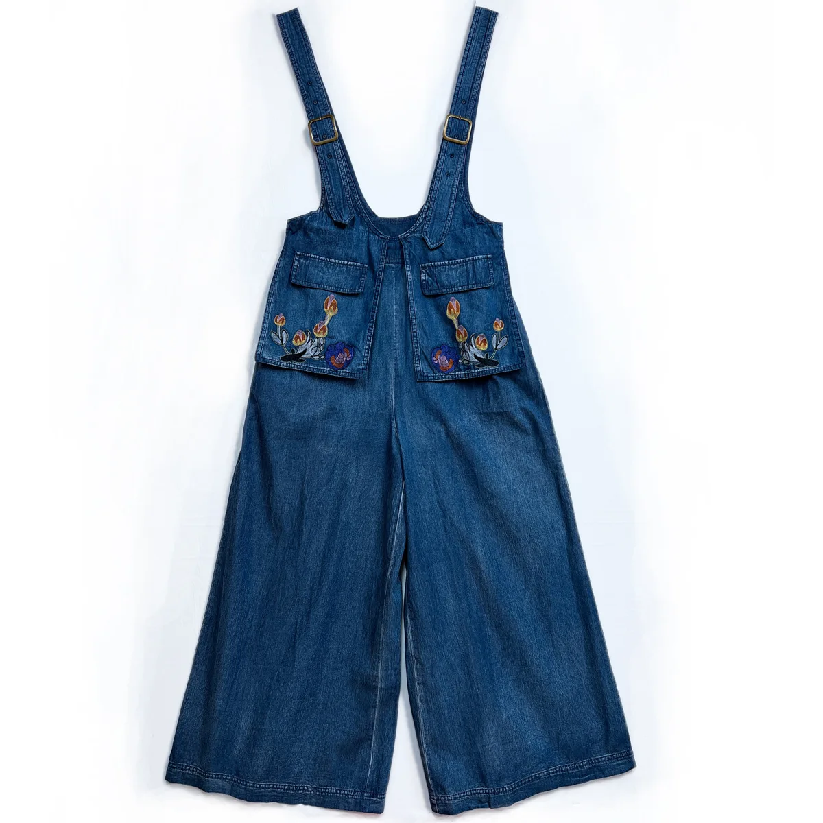 Retro Embroidery Suspender Jumpsuit Spring and Summer New Niche Design Loose Wide-leg Jeans
